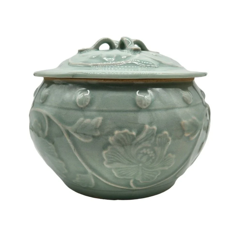Vintage Handmade Celadon Tureen Covered Serving Bowl Dimensional